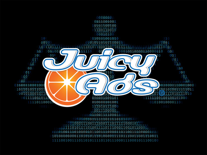 JuicyAds logo over digital scales of justice illustration