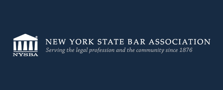 New York State Bar Association Logo - White government building icon beside white serif type